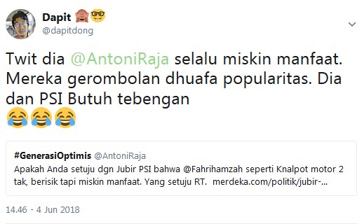 Sebut Cuitan Fahri Hamzah Miskin Manfaat. Netizen Kepada PSI: Kalian Dhuafa Popularitas